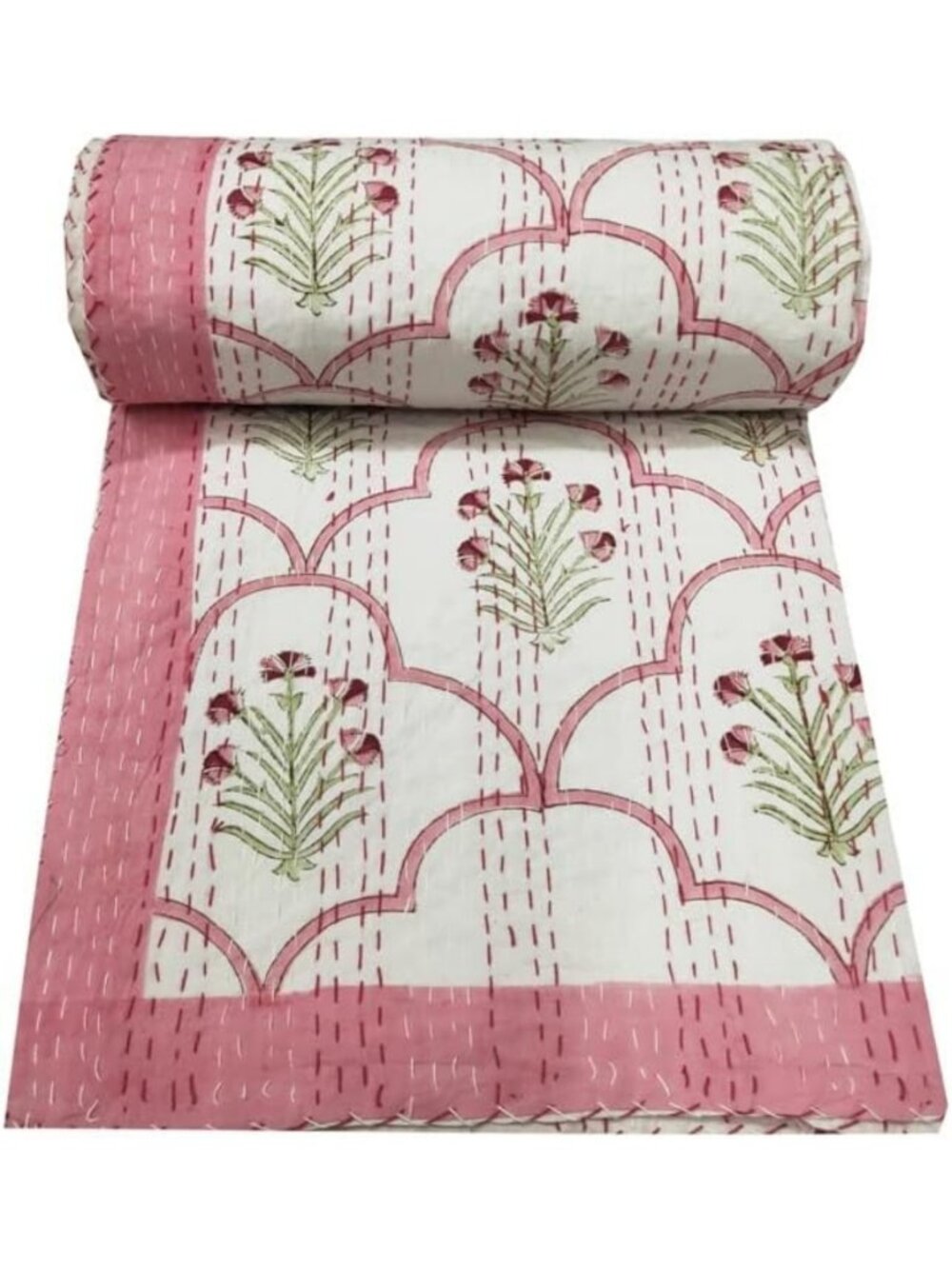 Queen Size Kantha Quilt - Indian Block Print Throw Blanket, Pure Cotton